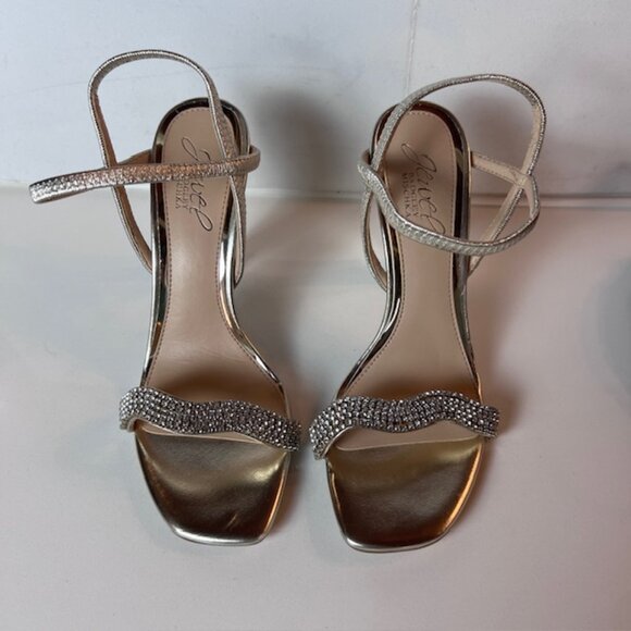 Jewel Badgley Mischka Light Gold Rhinestone Strap Block Heel Sandals Size 6 - Picture 2 of 8
